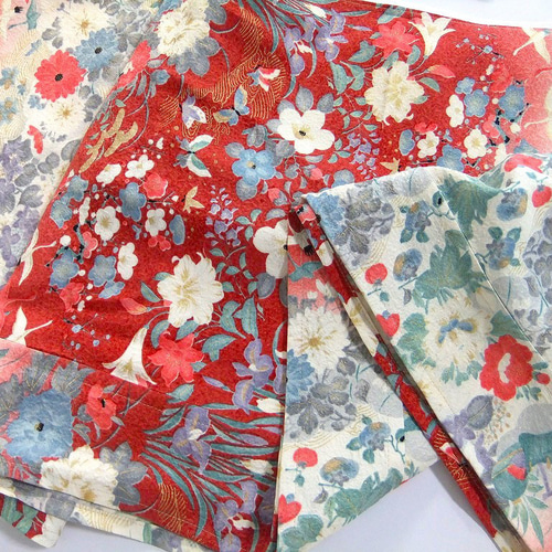 16)2289】84×146・暖簾/着物リメイク・小花蝶鶴文様 カーテン 峯風堂