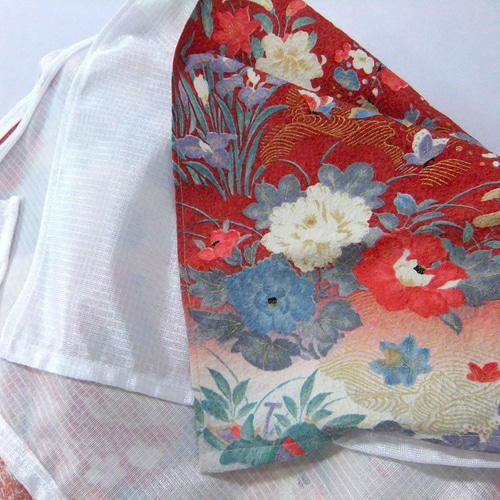 16)2289】84×146・暖簾/着物リメイク・小花蝶鶴文様 カーテン 峯風堂