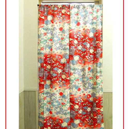 16)2289】84×146・暖簾/着物リメイク・小花蝶鶴文様 カーテン 峯風堂