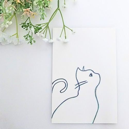 色鉛筆画 原画 1点物 ネコ 線画 イラスト ハガキサイズ イラスト