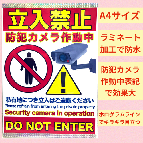 私有地につき立ち入り禁止 防犯カメラ作動中 ラミネート加工 張り紙 A4