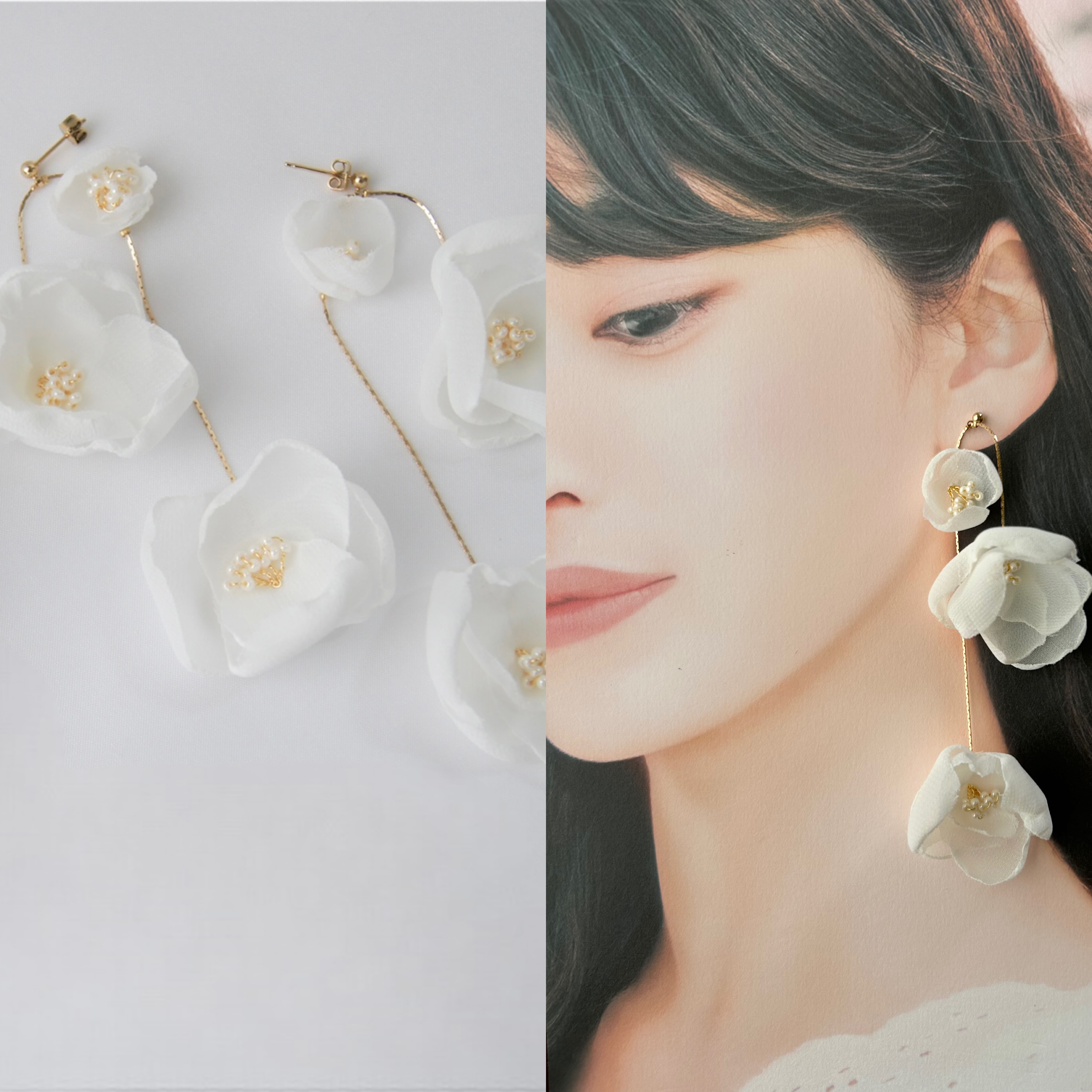 fleurs 三連　イヤリング/ピアス　シフォンフラワー　ブライダル　挙式アクセサリー　布花