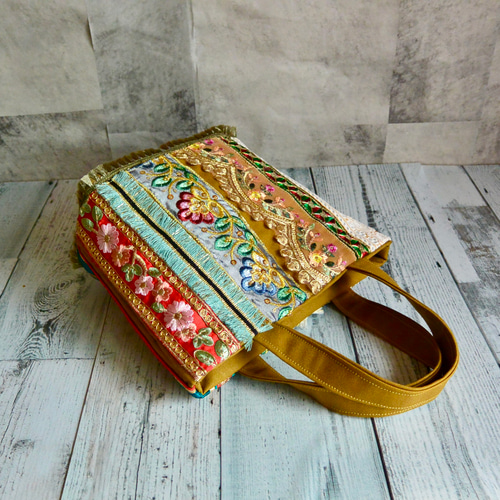 美しいインド刺繍リボントートバッグ③【Sサイズ】 トートバッグ muika