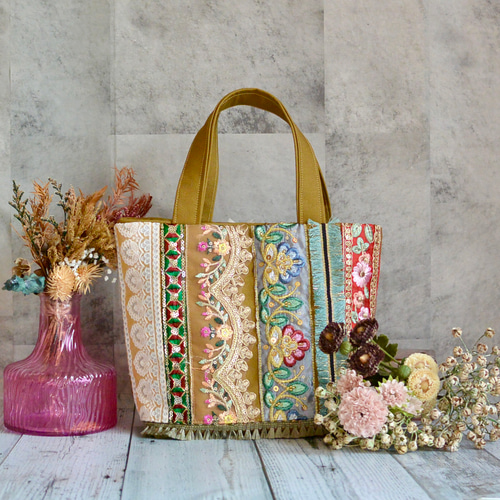 美しいインド刺繍リボントートバッグ③【Sサイズ】 トートバッグ muika