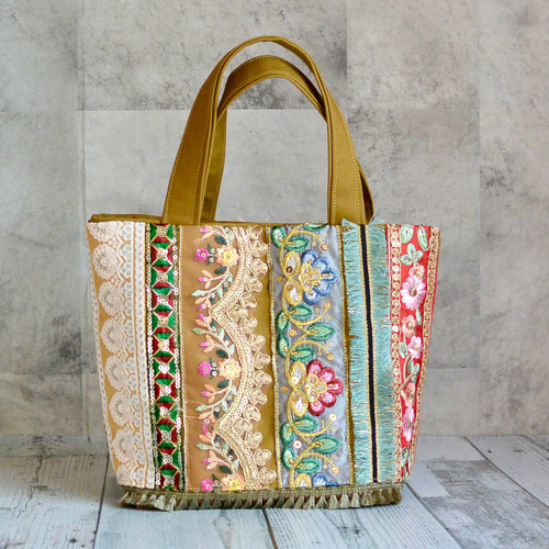 美しいインド刺繍リボントートバッグ③【Sサイズ】 トートバッグ muika