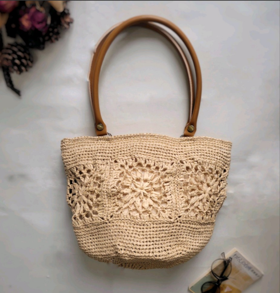 EMIM Bloom｜花咲くモチーフ編み 透かし編みかごバッグ〈ベージュ〉マニラヘンプヤーンの軽量トート