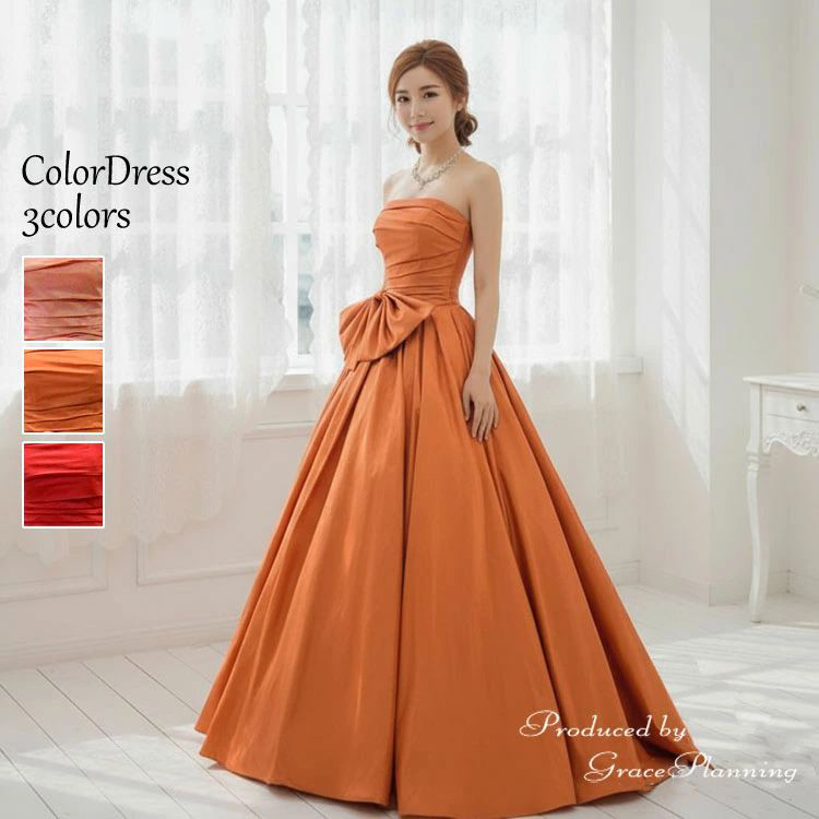 カラードレス 演奏会ドレス ロングドレス  オレンジ 赤 ピンク 二次会 結婚式 発表会大きなリボンcd32146or