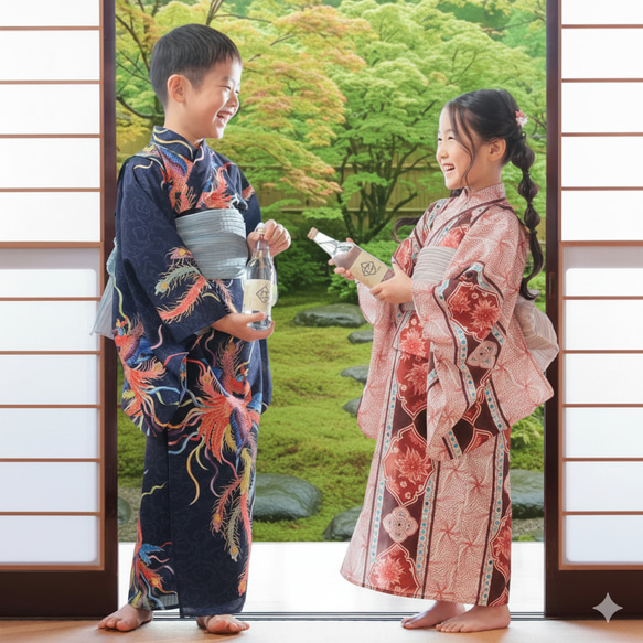 九谷焼作家が描く文様 子供浴衣・帯セット 遊泳花【KUTANI×KIMONO】 8枚目の画像