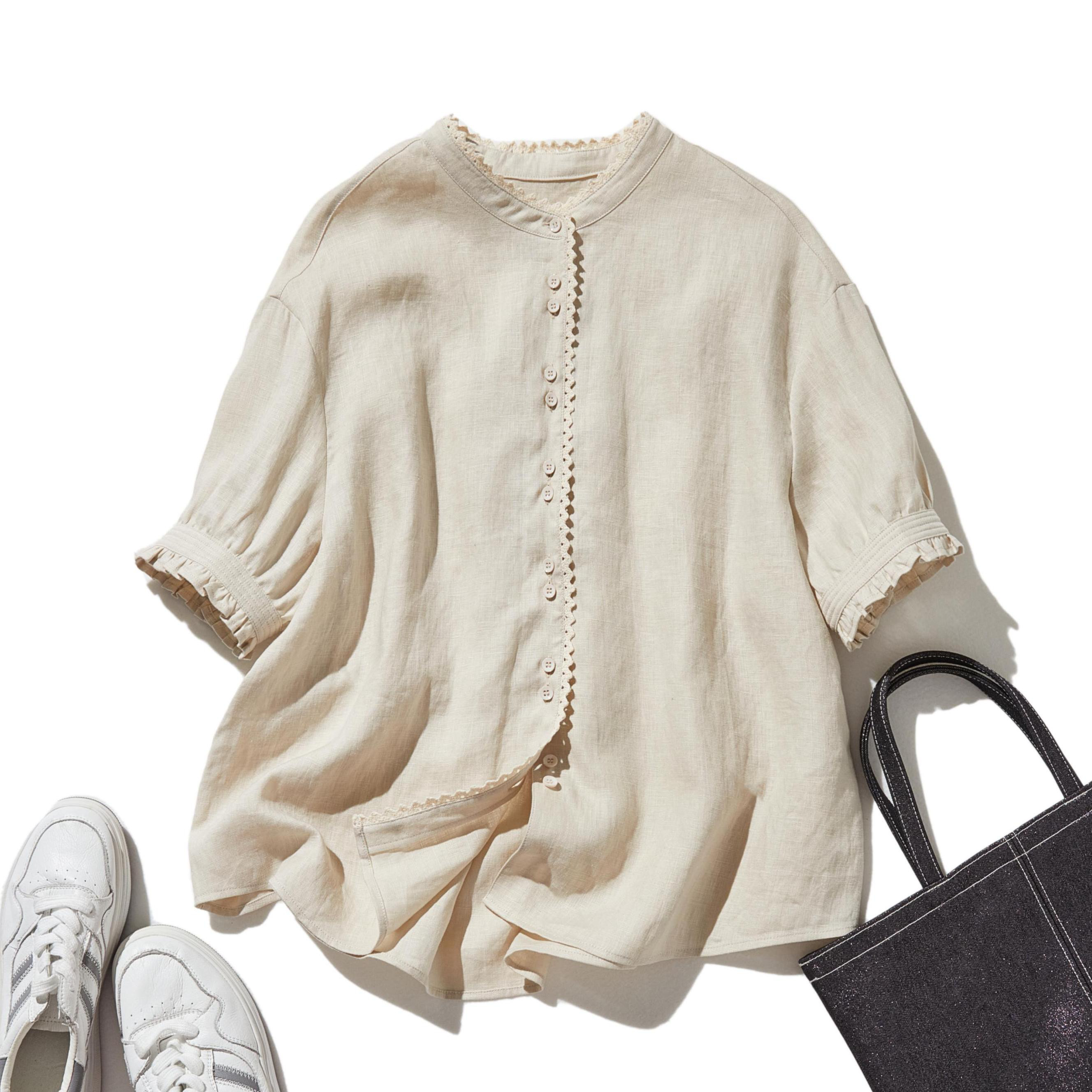 上品な着こなしに♪ リネン100% バンドカラーシャツ リネンブラウス 半袖シャツ　ベージュ　250509-3