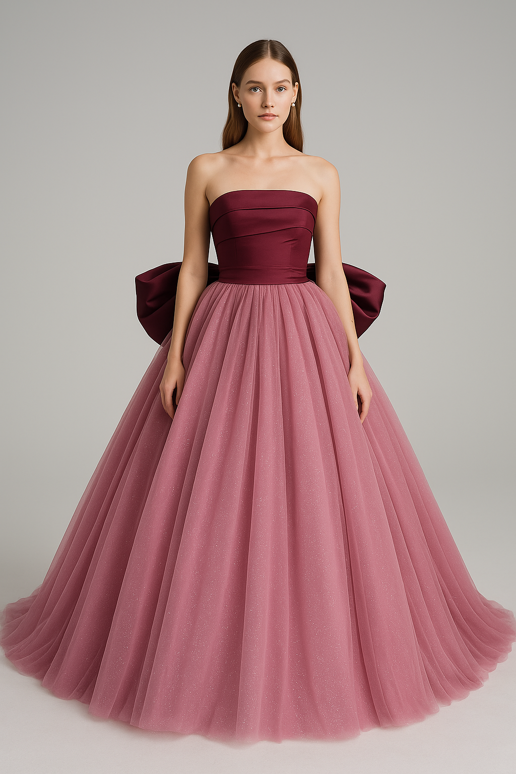 送料無料！カラードレス ベアトップ ふっくら柔らかなバックリボン ピンク キラキラドレス 編み上げ 可愛い 花嫁