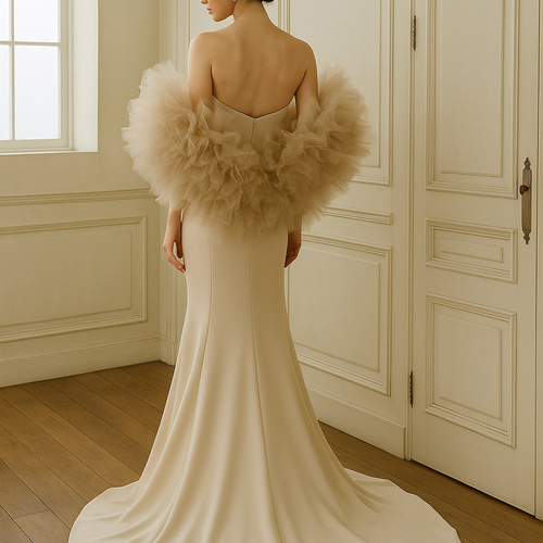 2waysシックなベージュカラードレス クレープ マーメイド ふわふわ