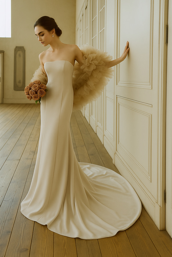 2waysシックなベージュカラードレス クレープ マーメイド