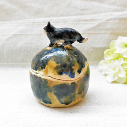 ネコの小物入れ　ハチワレ猫　緑とベージュ色　陶器・陶芸　猫　フタ付き小物入れ　四つ足・お散歩 2枚目の画像