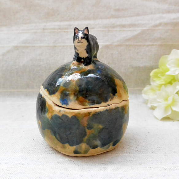 ネコの小物入れ　ハチワレ猫　緑とベージュ色　陶器・陶芸　猫　フタ付き小物入れ　四つ足・お散歩 1枚目の画像