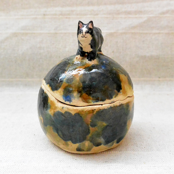 ネコの小物入れ　ハチワレ猫　緑とベージュ色　陶器・陶芸　猫　フタ付き小物入れ　四つ足・お散歩 5枚目の画像