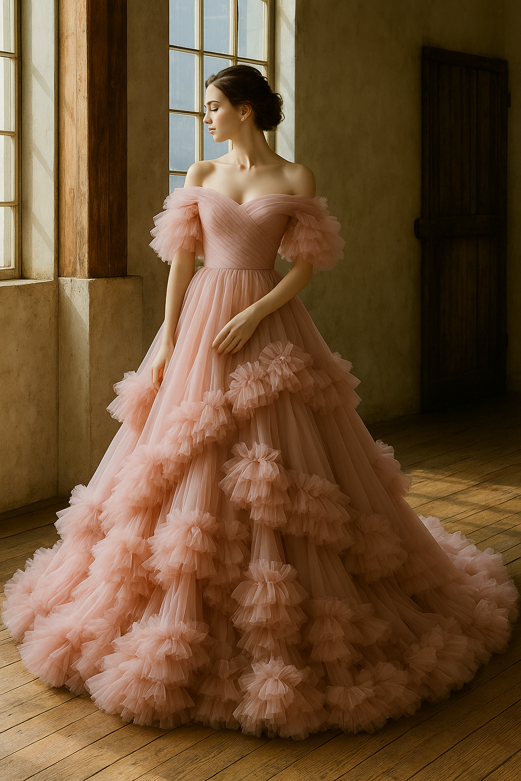 もこもこピンクカラードレス　ティアードスカート　オフショルダー 結婚式　前撮り　二次会　 披露宴 44,820円