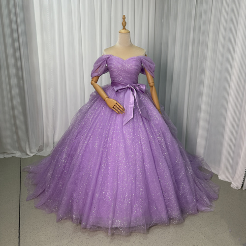 送料無料！カラードレス パープル 取り外しオフショルダー サッシュ