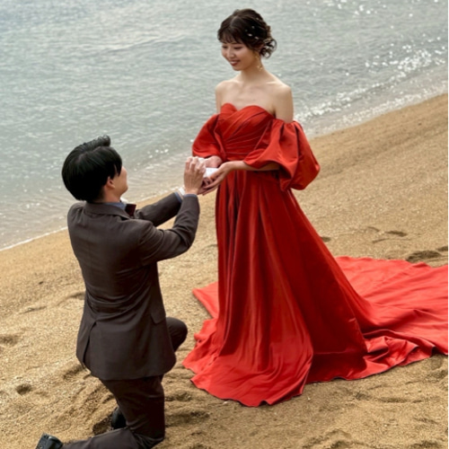 実例写真！カラードレス テラコッタ色 パフスリーブ 光沢サテン