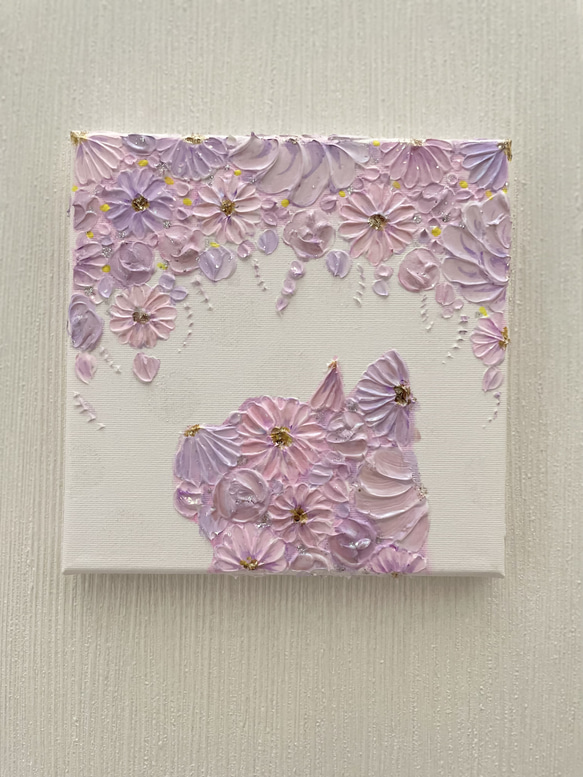 花の空を見上げて」 テクスチャーアート 花猫 シルエット