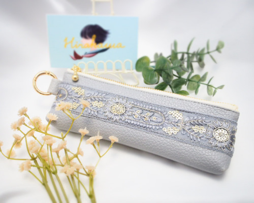 16cm】《インド刺繍リボン》彩りペンケース［朝靄の菊］ ペンケース