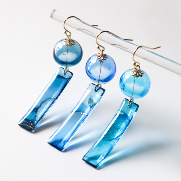 選べるブルー 風鈴ピアス インクアート ピアス（フック・チェーン