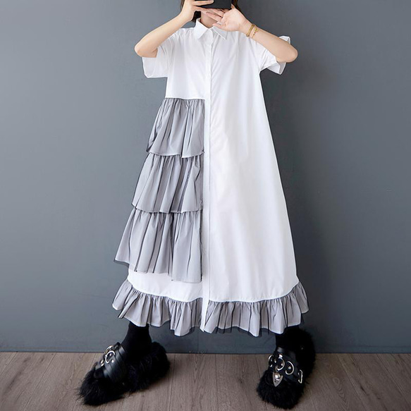 大きいサイズ レディース ワンピース　シャツ　フリル　春夏　 新品 半袖　ロング 2枚目の画像