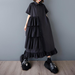 大きいサイズ レディース ワンピース　シャツ　フリル　春夏　 新品 半袖　ロング 3枚目の画像