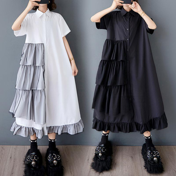 大きいサイズ レディース ワンピース　シャツ　フリル　春夏　 新品 半袖　ロング 1枚目の画像