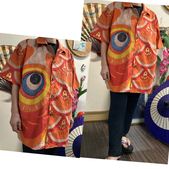 鯉のぼり(木綿)の柿渋染めアロハシャツ古布リメイク