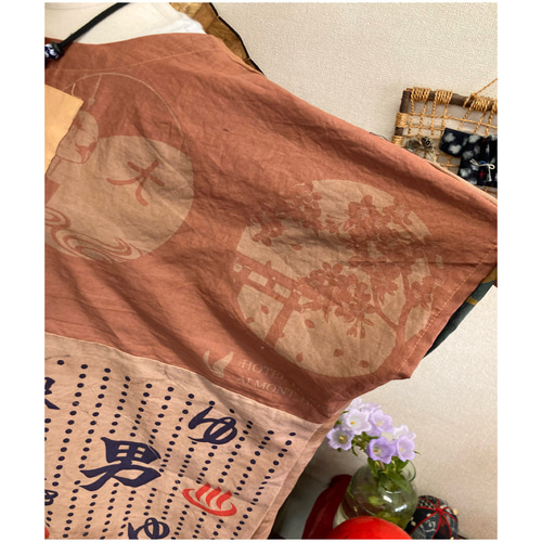 手拭いリメイクチュニック柿渋染め 手ぬぐい色々(猫柄)柿渋染め裾コクーンチュニック 手ぬぐい