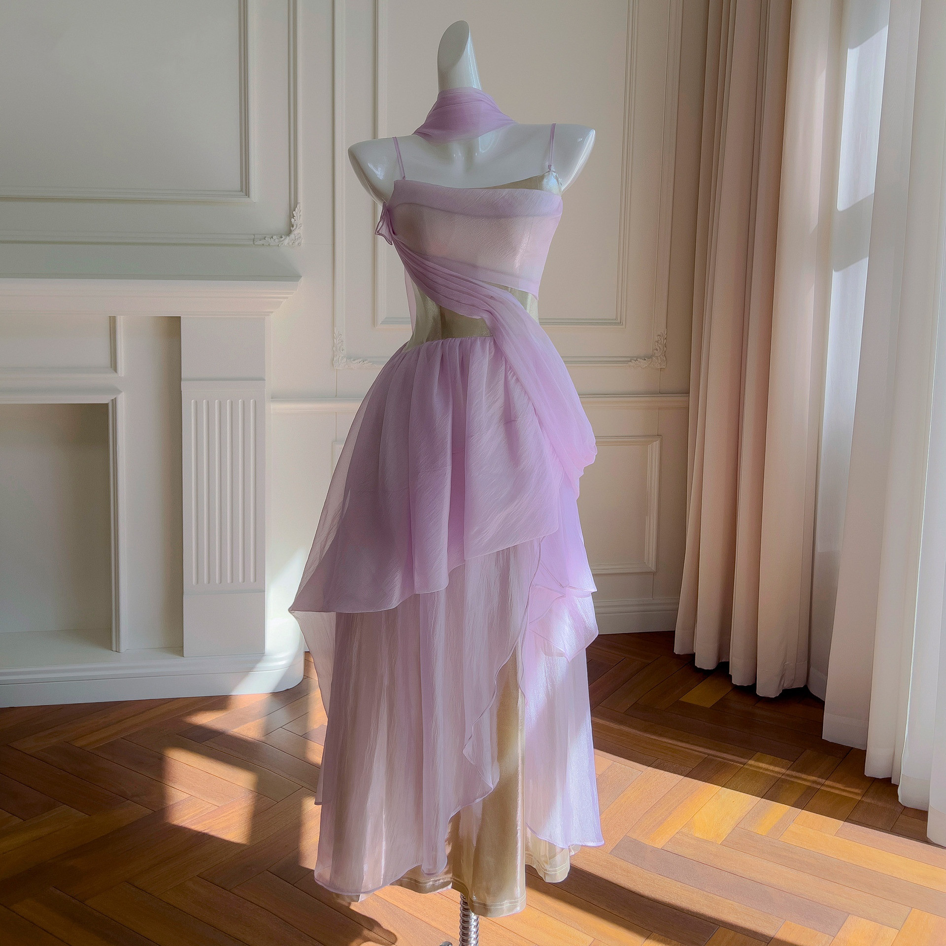 ドレス パーティー ウェディング ワンピース ロング プリンセス 紫 上品 高級感 優雅 韓国風 結婚式 お呼ばれ