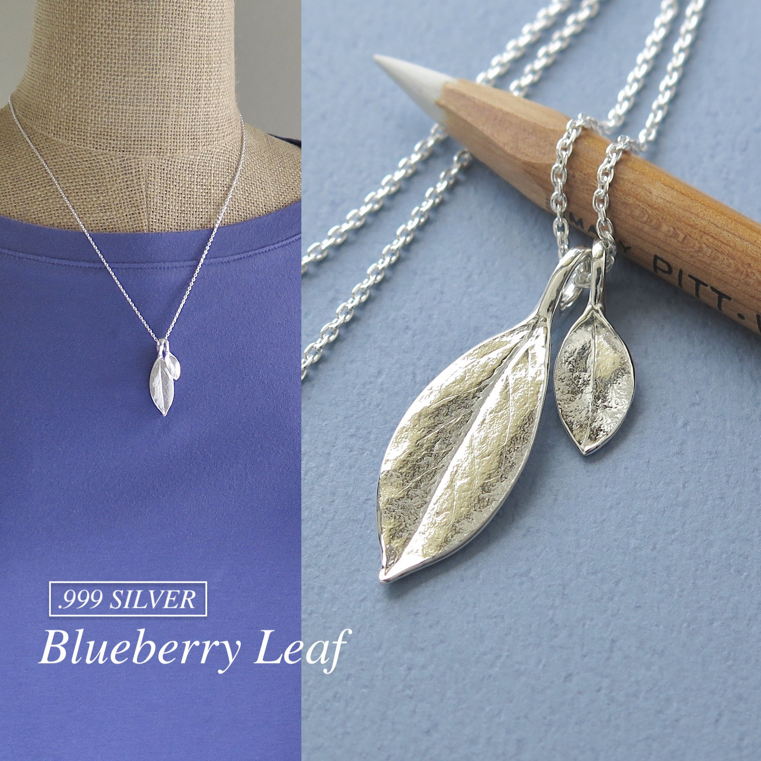 [999 Silver] ブルーベリー・ダブルリーフペンダント, チェーン＋アジャスター, miniケアセット付