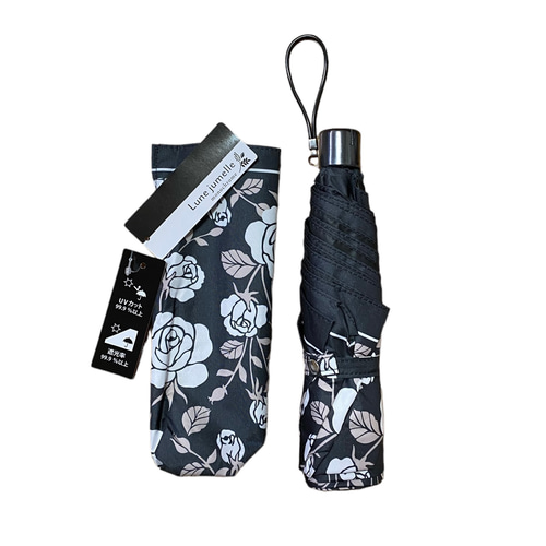 晴雨兼用折り畳み傘 黒 バラ 薔薇 ローズ花柄 日傘 雨傘 UV 傘・日傘