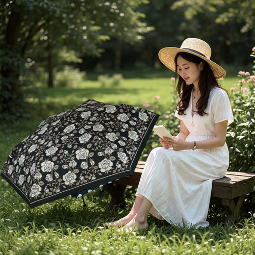 晴雨兼用折り畳み傘 黒 バラ 薔薇 ローズ花柄 日傘 雨傘 UV 傘・日傘