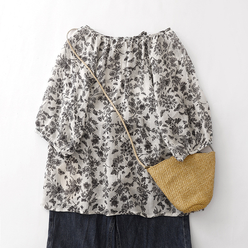 綿麻のスケッチ風紐付き七分袖シャツ   84