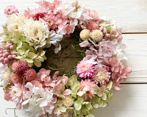アナベル紫陽花とかわいいお花のピンクリース リース Rosa