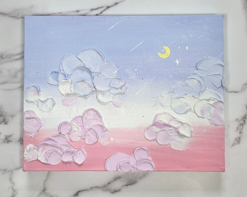 アクリル画 青系 ピンクアクセント パステルカラー ピンク×紫 空 テクスチャーアート 原画 絵画 menkoi