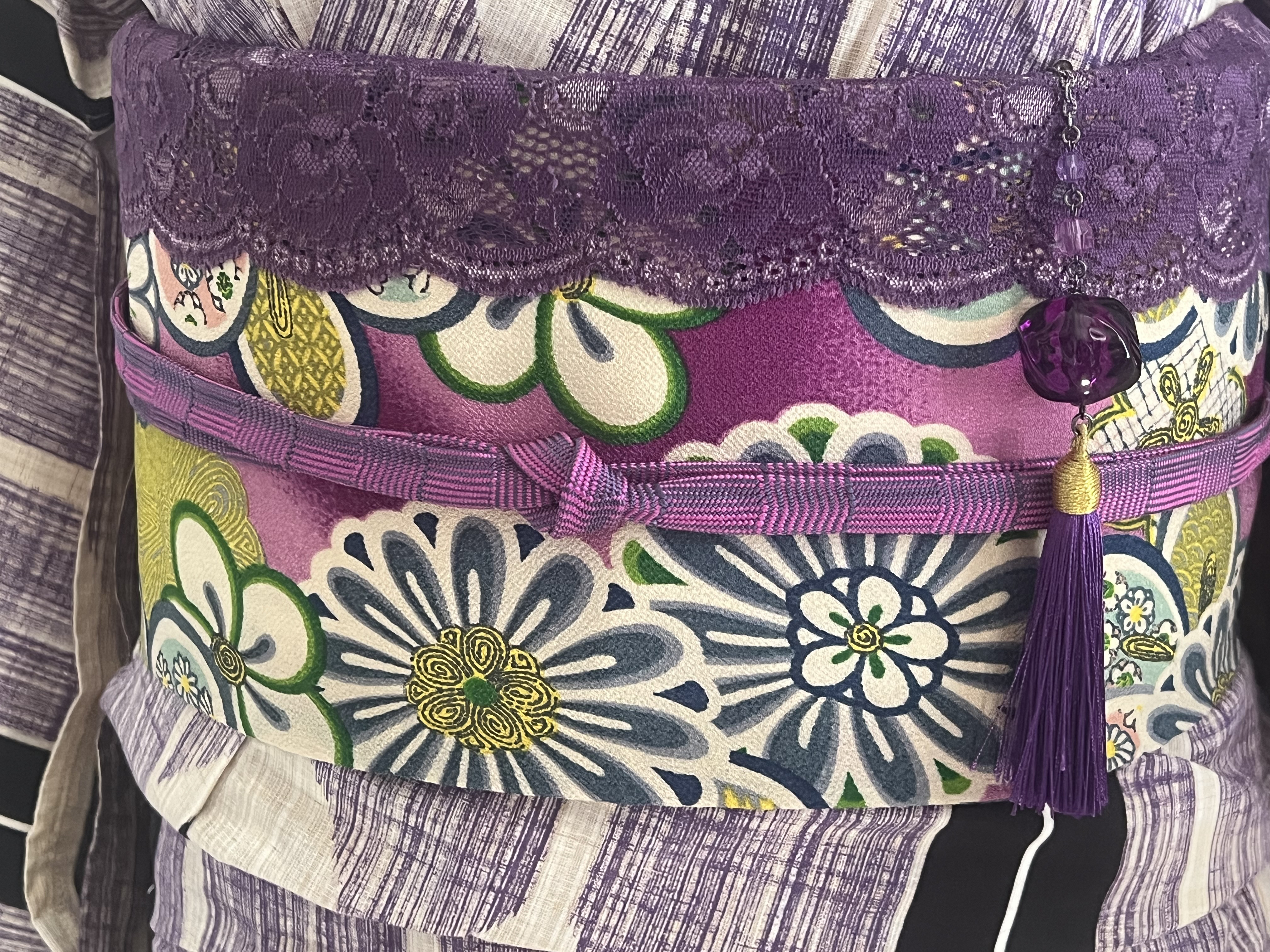 和柄花柄・矢絣リバーシブル長尺半幅帯（矢絣柄半衿付き）