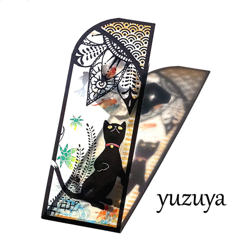2025夏の期間限定 ステンドグラス風しおり◎黒猫と金魚と蓮 しおり
