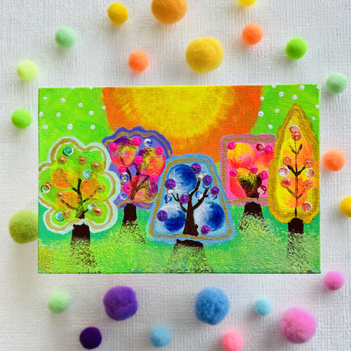 ハガキサイズ】実がなる木々 キャンバスアート カラフル アクリル