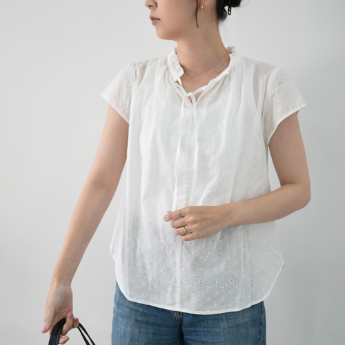 コットンレースのフリルネックブラウス半袖・ホワイト No.357 ブラウス