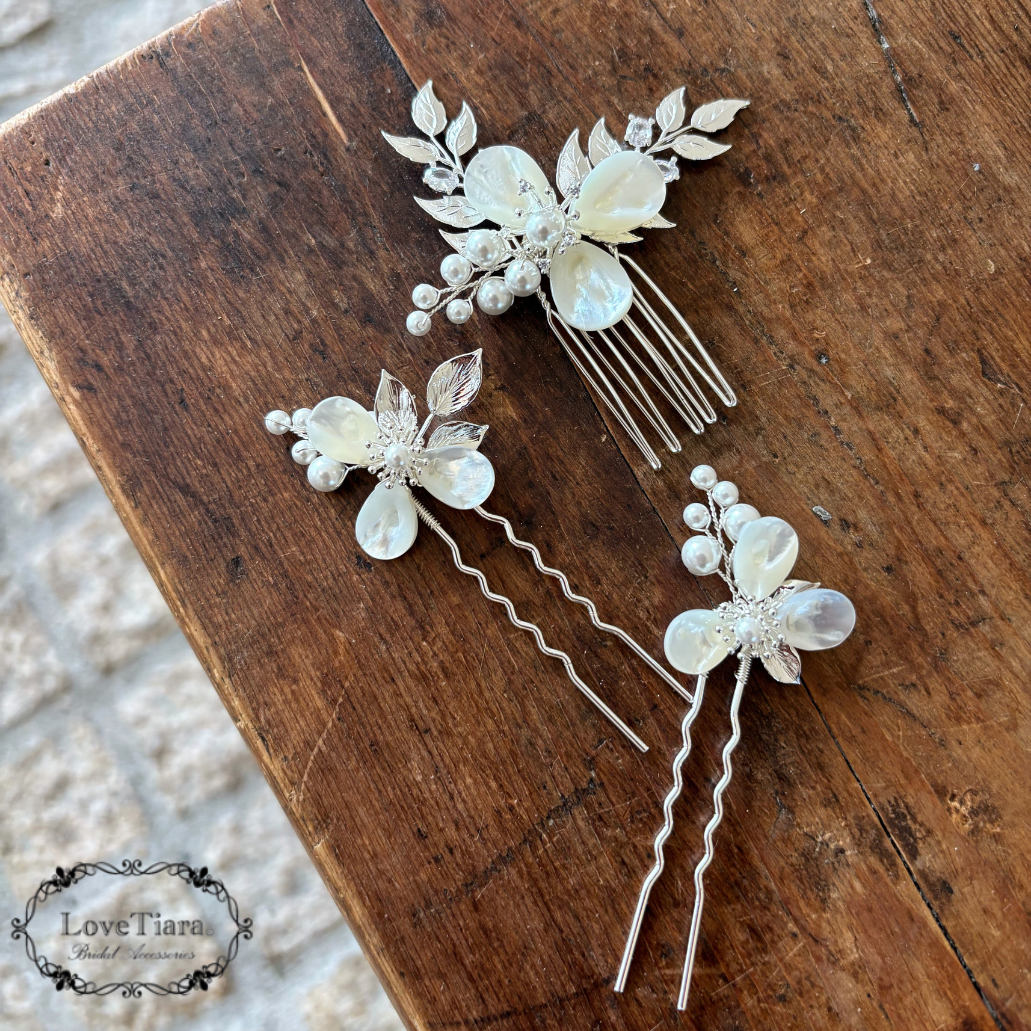 ヘッドドレス【ソフィア】3点set H-198|ウエディング 小枝 結婚式 お呼ばれ パーティ フラワー シェル リーフ