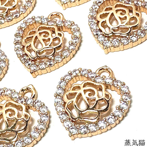 小さめ】透かし薔薇ハート ジルコニアチャーム4個【ピアス イヤリング