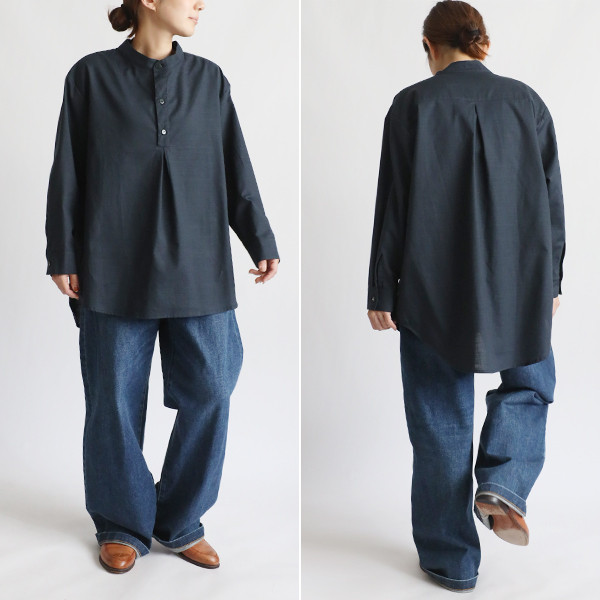 ラスト５　最終ＳＡＬＥ　上質ギマ擬麻コットン 粋が利いた シャツ オーバーシャツ　ラウンド裾 ヘム燕尾ゆったり紺R93B