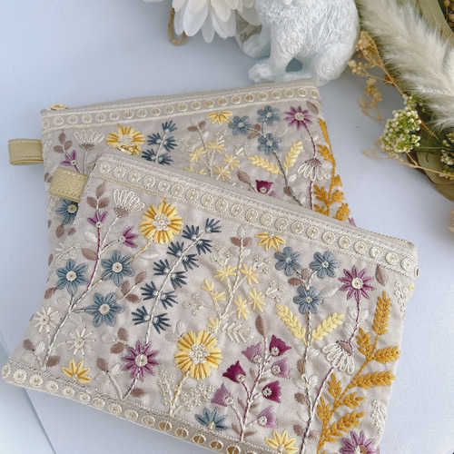 インド刺繍リボン x 合皮ポーチ ♡16cmファスナー♡フェイク