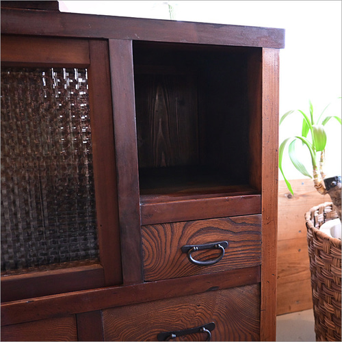 アンティーク ガラス キャビネット 飾り棚 茶箪笥 無垢材 z490 ケヤキ材 ガラスキャビネット アンティーク リメイク品 格子