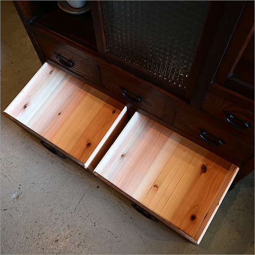 ケヤキ材 ガラスキャビネット アンティーク リメイク品 格子