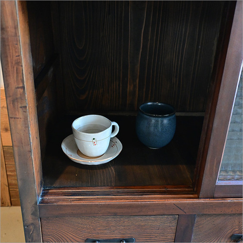 ケヤキ材 ガラスキャビネット アンティーク リメイク品 格子