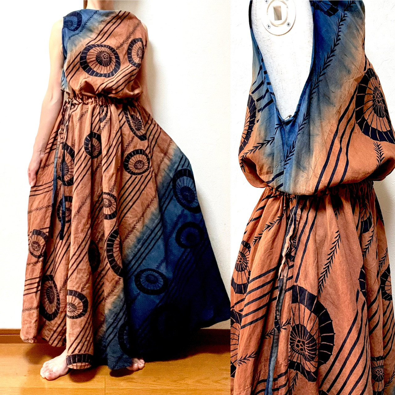 藍×柿渋染め　グラデーション浴衣リメイクワンピース  着物リメイク