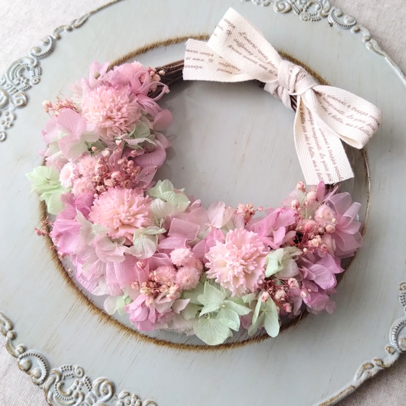 秋色紫陽花ナチュラルリース＊〜貝細工とキセランセマムの春色リース